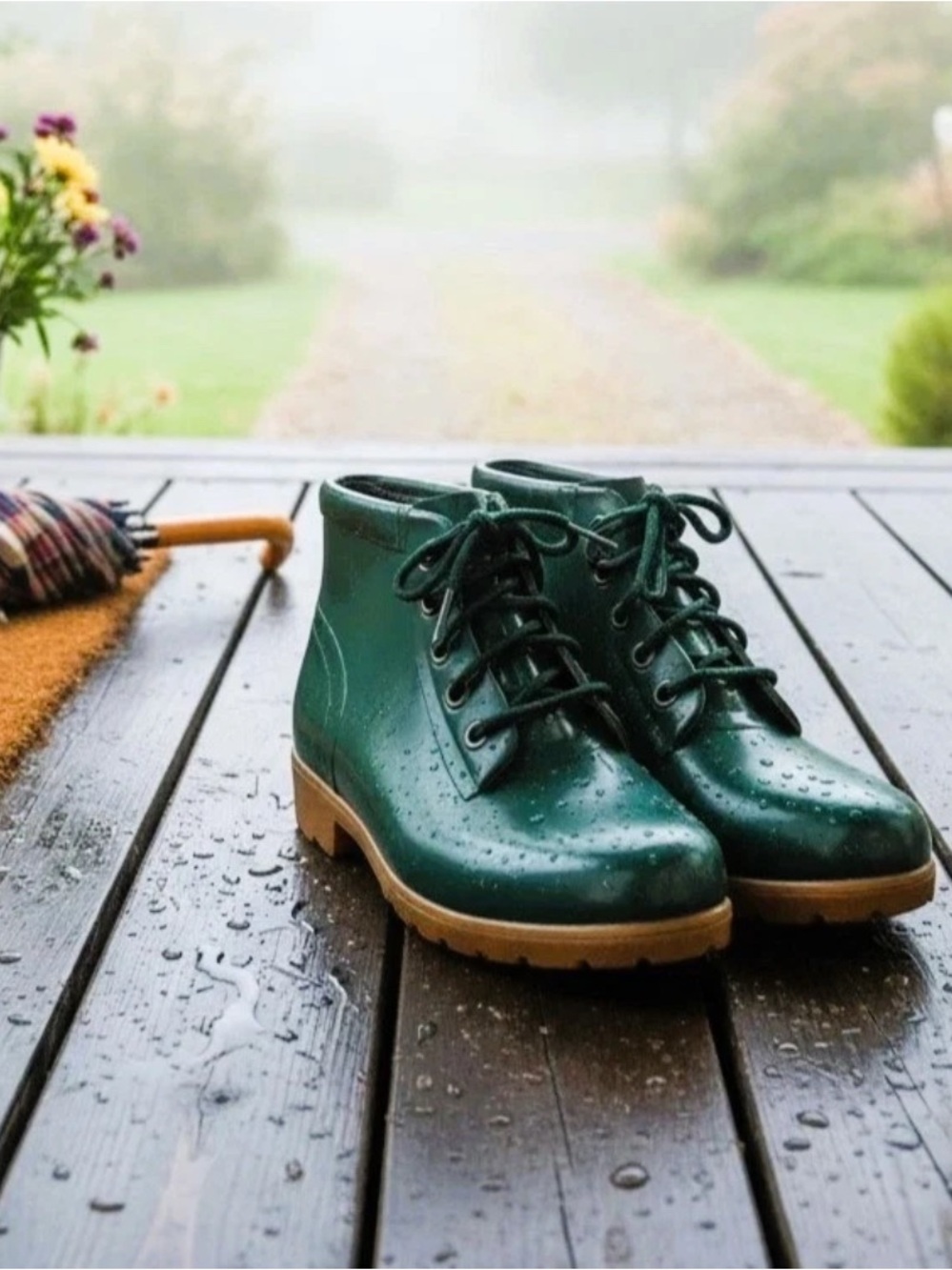 Vintage Lands’ End Green Lace-Up Rain Boots Women’s 9